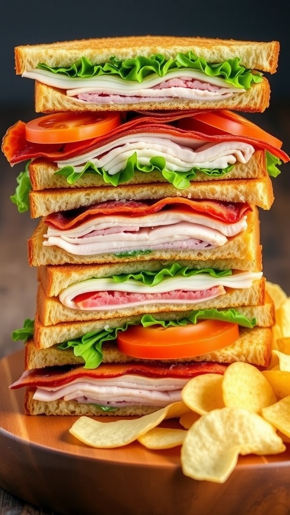 A layered club sandwich with turkey, bacon, lettuce, and tomato on toasted bread, served with chips.